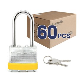 LanuBe Lock Laminated Steel Padlock (1-9/16", 40mm), keyed Alike Locks, Long Shackle,Marked Yellow Plastic Hoop, Pack of 60