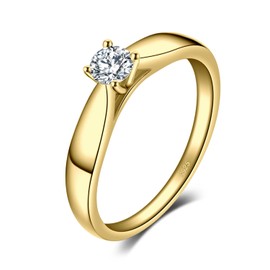 JewelryPalace Classic 0.2ct Cubic Zirconia Solitaire Engagement Rings for Women, 925 Sterling Silver 14K Yellow Gold Plated Ring for Her, Round Cut Simulated Diamond Anniversary Wedding Rings K