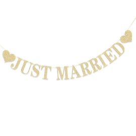 Just Married Banner Decorations Gold, Just Married Bunting Garland Glitter Letter Wedding Banners Sign for Party Reception Decoration