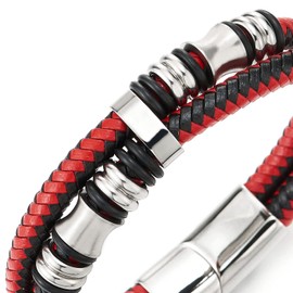 Mens Double-Row Black Red Braided Leather Bracelet Bangle Wristband with Silver Steel Ornaments