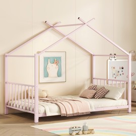 Harper & Bright Designs Twin Size Metal House Platform Bed Frame for Boys Girls Kids Adults Toddler, Pink