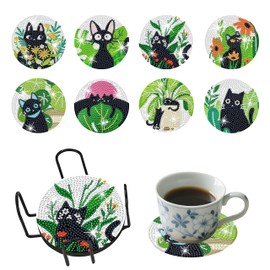 CXHMDUS 8Pcs Diamond Art Coasters Kits, Diamond Painting Coasters with Holder, DIY Cat Crafts Kits, Diamond Art Kits for Adults