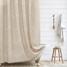 Siiluminisoy Farmhouse Boho Shower Curtain, Woven Fabric Beige Long Shower Curtain, 72 x 78, Tufted Chevron Striped Modern Chic Textured Minimalist Bathroom Shower Curtain