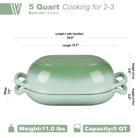 VORRINGARD Enameled Cast Iron Sourdough Bread Oven, Dutch Oven, Loaf Cast Iron Bread Pan for Homemade Bread Baking, Meatloaf Pan with Lid, 5QT, Green