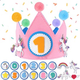 Birthday Crown Hat with 0-9 Number Signs, Adjustable Birthday Crown, Reusable Felt Happy Birthday Hat for Girls Boys (Pink)