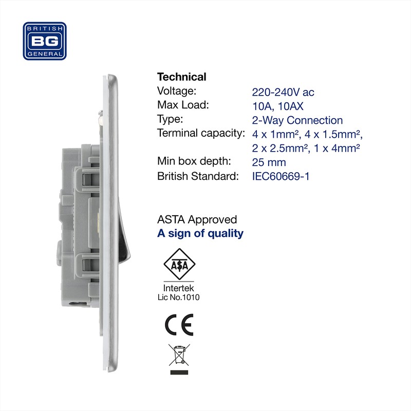 BG Electrical fbs12 Screwless Flat Plate Single Light Switch, Brushed