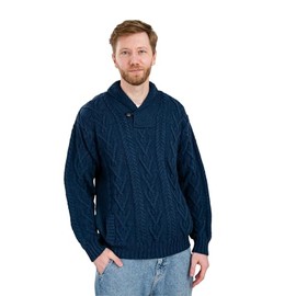 100% Merino Wool Men's Shawl Collar Single Button Irish Cable Knit Sweater Knitwear with Pockets (Ocean Blue, XX-Large)