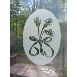 Vinyl Etchings WHEAT BOW  Decal 4"x6" OVAL Etched Glass Look Cling Removable & Reusable