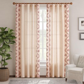 jinchan Belrose Linen Curtains for Bedroom Floral Curtains 84 Inch Length Linen Blend Burgundy Red Embroidered Drapes Farmhouse Flower Patterned Drapes for Living Room Window Treatments Set 2 Panels