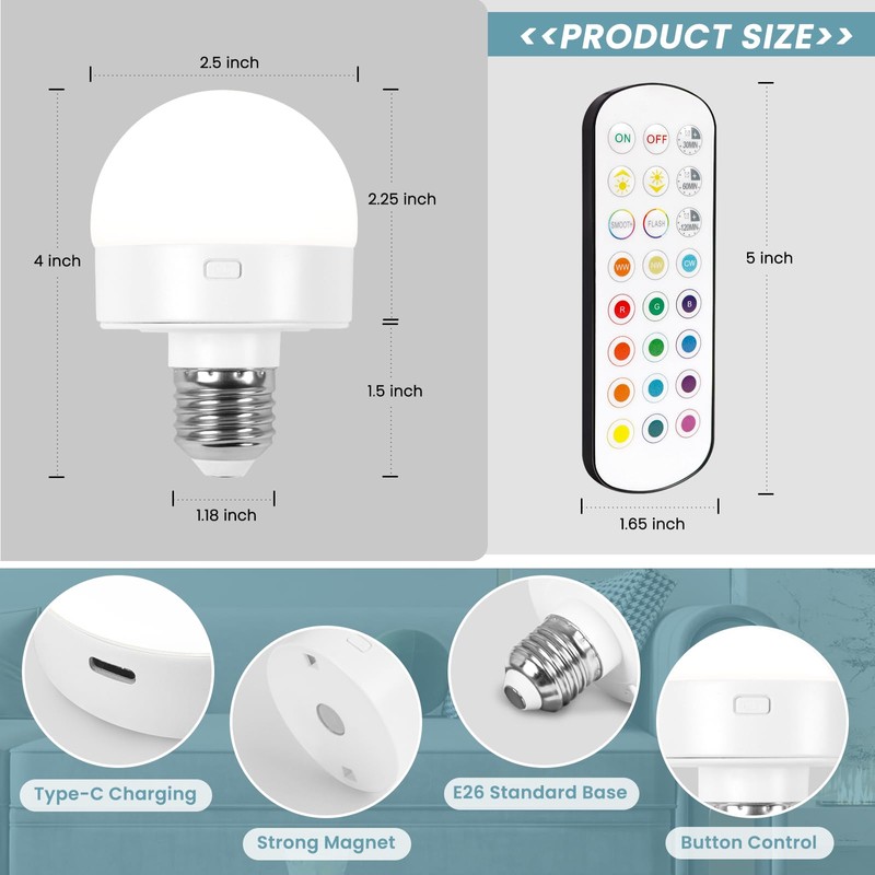 Rechargeable Battery Operated Light Bulb with Remote, Last 18-50 Hours