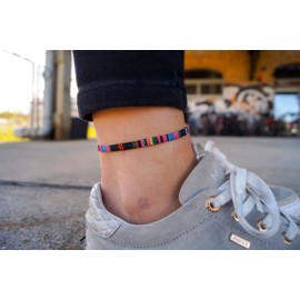 Boho Surfer Anklet Unisex - Ethnic Anklet Women & Men - Handmade Beach Jewellery & Festival Accessories - Waterproof & Adjustable - Flat Shape - U (Black-Pink)