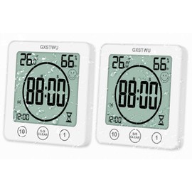 GXSTWU 2Pcs Digital Bathroom Clock Shower Timer with Alarm, Waterproof Clocks for Bathroom Kitchen Thermometer Hygrometer Wall Clock with Suction Cup Hanging Hole Magnet (2packs)