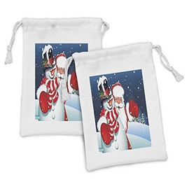 Ambesonne Christmas Fabric Pouch Set of 2, Smiling Santa Claus Hugging Snowman in Cartoon Style Winter Hills Fir Trees, Small Drawstring Bag for Toiletries Masks and Favors, 9" x 6", Blue Red White