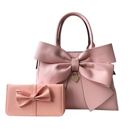 Rullar Women 2Pcs Handbag Set Bow-Knot Satchel Top-handle Crossbody Bag Tote Wallet Purse with Heart Pendant Pink