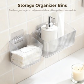 12 Pcs Storage Organizer Bins, Wall-Mounted Storage Baskets with Self-Adhesive Hooks, Clear Plastic Hanging Baskets, Stackable Storage Holders for Bathroom, Kitchen, Refrigerator