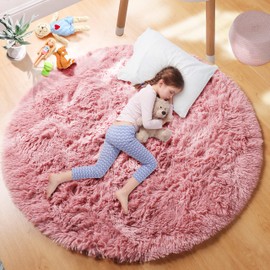 PAGISOFE 4x4 Feet Round Rug, Soft Blush Round Circle Rugs for Girls Room Decor, Fluffy Bedroom Carpets, Shaggy Rugs, Small Teepee Furry Mat, Comfy Reading Circular Rug, Kids Nursery Room Decor