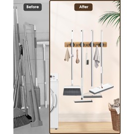 AceMining Broom Holder Wall Mounted, 2 Pack 4 Holders and 4 Hooks Mop Holder, Wooden Mop and Broom Holder with Anti slip rubber, Natural pine wood Brush Holder, Mop Wall Holde with Nail installation