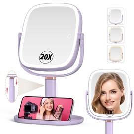 Mocado Makeup Mirror with Lights, 1X/20X Magnifying Mirror with Light, Vanity Mirror with 3 Colors Lights, Height Adjustable Lighted Makeup Mirror, Double Sided 360°Rotation, Memory Function (Purple)