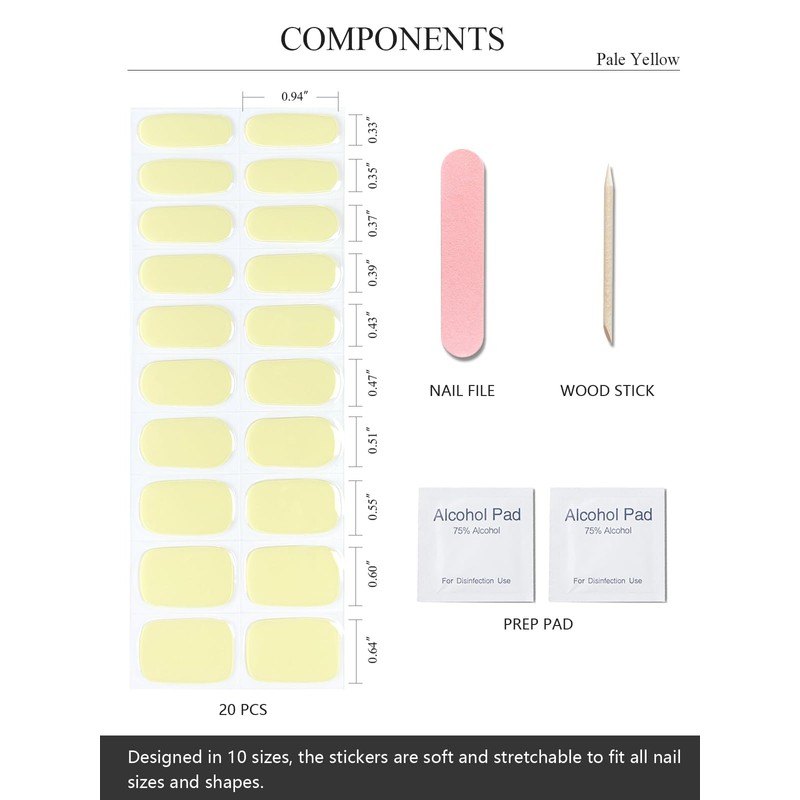 AutyaMee Semi Cured Gel Nail Strips (Pale Yellow), 20 Pcs