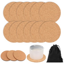 Pack of 12 cork coasters (9 x 0.4 cm) and 1 x black storage bag (15 x 20 cm), non-slip coasters, round coasters for home, kitchen, living room, bedroom, office