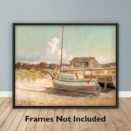 CLOUD NINE PRINTS | Dry Dock, Vintage Sandy Beach Print - Summer Sailboat Print, Nautical Landscape Wall Art, Seashore Coastal Decor, Wooden Boat Art (11x14 Print - Unframed)