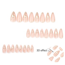 Gold Stamping 3D Press on Nails Short Almond Fake Nails with Irregular Metal Line Designs Glossy Stick on Nails Gel Nail Tips Full Cover Glue on Nails for Coquette Women Girls 24Pcs
