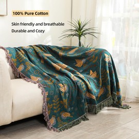 VANJOROY Boho Large Throw Blanket for Bed, 100% Cotton Soft Breathable Throw-Floral Bird Rustic Decor Blanket for Couch Sofa Quilt and Gift, 60" x 80"-Teal/Beige