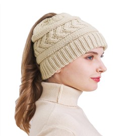 PFFY Ponytail Warm Winter Knit Beanie Hat Skull Cap Beanies for Women Men Beige