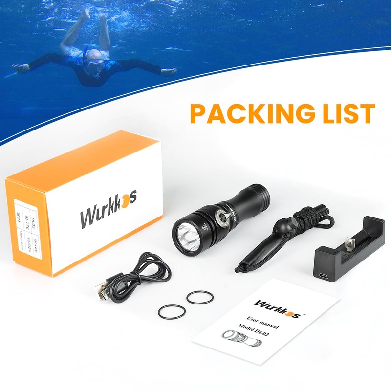 Wurkkos DL02 Dive Torch, Scuba Diving Flashlight Max 3000Lumen, 496M