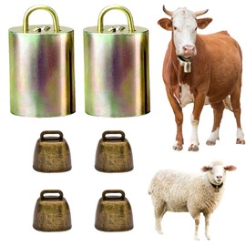 MJMX Large and Small Animal Bells Set – 2 Stainless Steel Large Bells + 4 Antique Bronze Small Bells for Cattle, Sheep, Pigs, Horses, and Pets – Loud, and Rust-Resistant