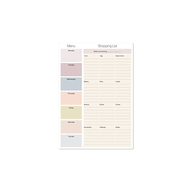 Shopping List Pad with detachable Weekly Meal Planner. 50 sheets