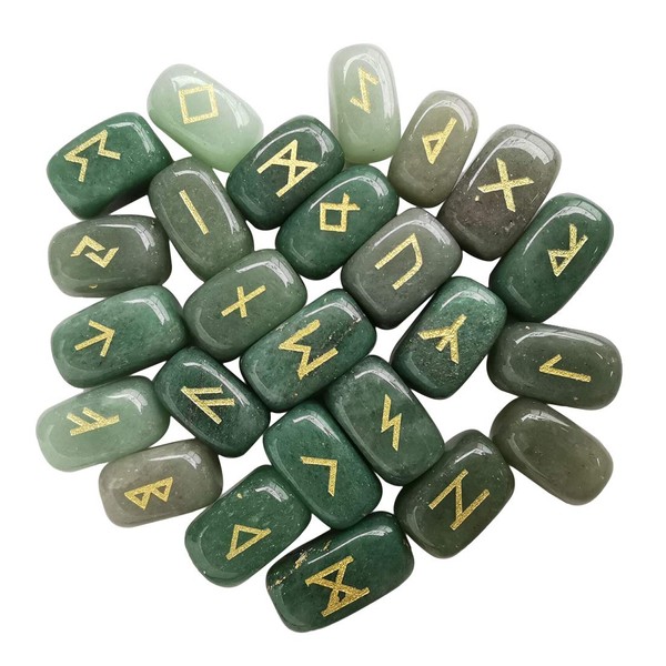 Lovionus89 Natural Rune Stones Set (25 Pieces), Polished Gemstone with Carved, Crystal Healing Reiki, Green Aventurine