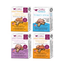 Caru - Classic Stews for Cats - Variety Pack - Healthy Functional Wet Cat Food or Food Topper - Chicken, Turkey, Wild Salmon & Turkey, Chicken & Crab Stews - 5.5oz Cartons - Pack of 4