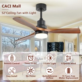 CACI Mall 52 inch Ceiling Fan with Light, Remote Control, Indoor Flush Mount Wood Modern for Bedroom, Dining Room, Patio, Living Farmhouse, Office Walnut