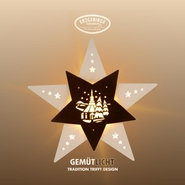 weigla - Fensterbild original Erzgebirge Stern Seiffener Kirche I Weihnachtsdeko Fenster I 1 LED Lampe I 0,8 W, E14 I Fensterbild Weihnachten I Weihnachtsbeleuchtung Holz I Fensterdeko hängend