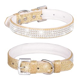 Pimaodog Rhinestone Dog Collar, Cute Dazzling Sparkling Leather Dog Cat Rhinestone Collar Crystal Diamond Pet Dog Puppy Collar (S:21-27cm, Gold)