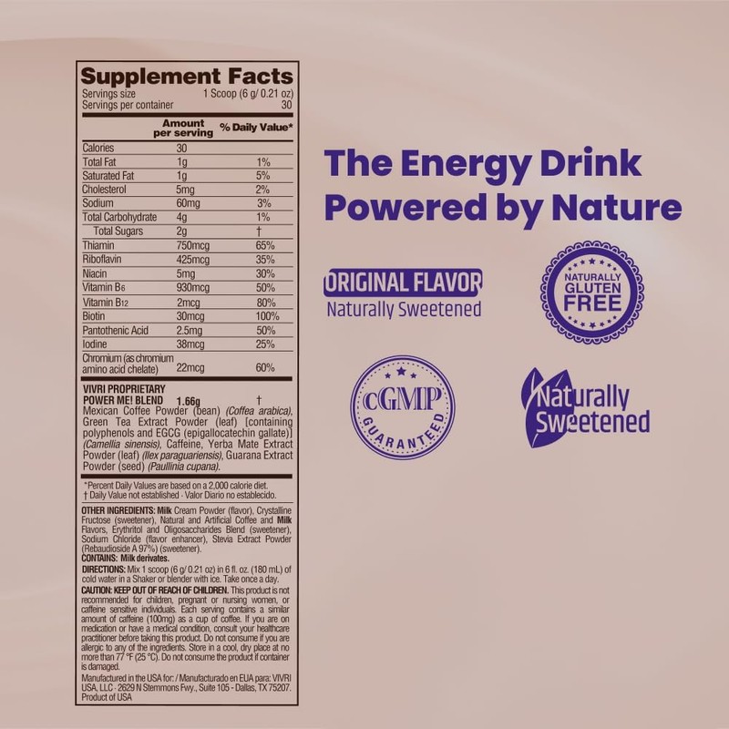 Bebida con cafeína Power Me! VIVRI – Energía natural en