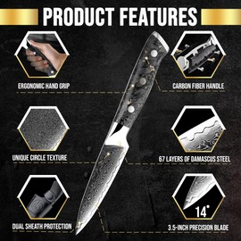 SliceElite Elite Series 3.5-Inch Damascus Paring Knife – VG10 Steel Blade with Forged Carbon Fiber and G10 Handles Option, Dual Sheaths & Polishing Cloth (3.5-Inch Paring Knife (Carbon Fiber Handle))