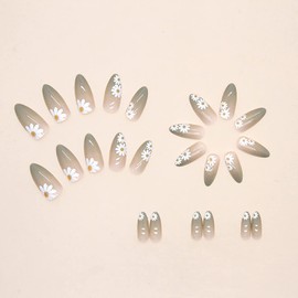 24 Pcs Natural Glossy Full Cover Reusable False Nails with Sticky Tabs, Press on Nails Pointed Medium Length, Artificial Acrylic Fake Nails with Daisy Designs, Stick on Nails with Charm for Women