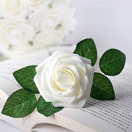 Mocoosy - 50 rosas artificiales de color blanco marfil para decoraciones, rosa de espuma de aspecto real a granel con tallos para bricolaje, decoración floral
