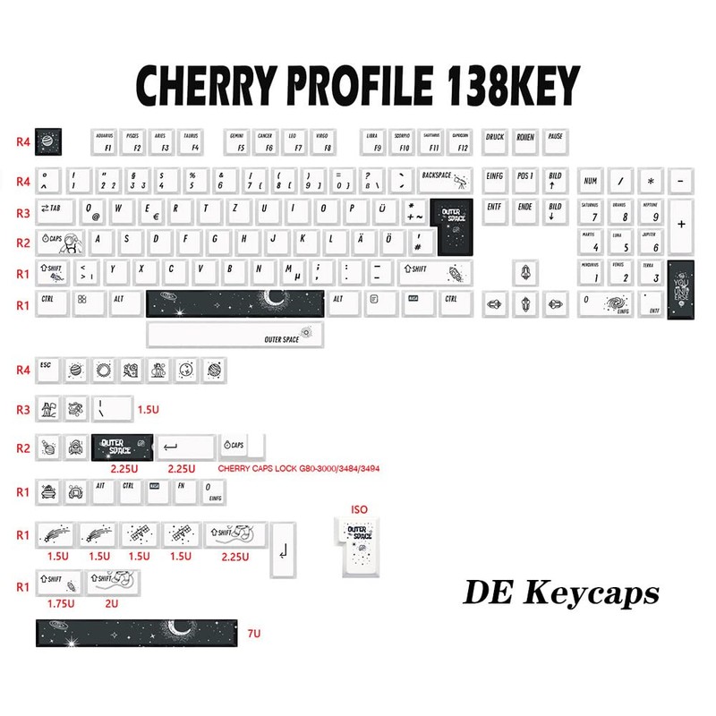 JSJT PBT Keycaps 138 Keys German Keycaps Space Theme Dye
