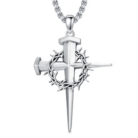 MEIDERBO Nail Cross Necklace 925 Sterling Silver Crown of Thorn Cross Pendant Two Nail Cross Christian Jewelry Gift for Men Women