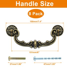 Biaungdo 8 Pcs 150mm/6 Inch Hole Center Pull Handles, Zinc Alloy Rustic Vintage Style Drop-Down Bail Swing Dresser Pull Handle Antique Drawer Handles for Kitchen, Cabinet (Yellow Bronze)