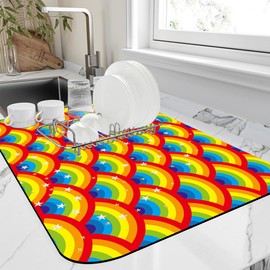 Kitchen Mat Rainbow Half Circle Star Dish Drying Mat 16"x24" Bsorbent Coffee Maker Mat for Sink Dishes or Under Rack Kitchen Counter Accessories Absorbent Hide Stain Rubber Backed Dish Drying Pad