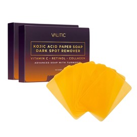 VALITIC Hojas de jabón limpiador de ácido kójico de cúrcuma, jabón de papel corrector de manchas oscuras, 100 hojas exfoliantes faciales de tamaño de viaje con vitamina C, retinol, colágeno, paquete de 2