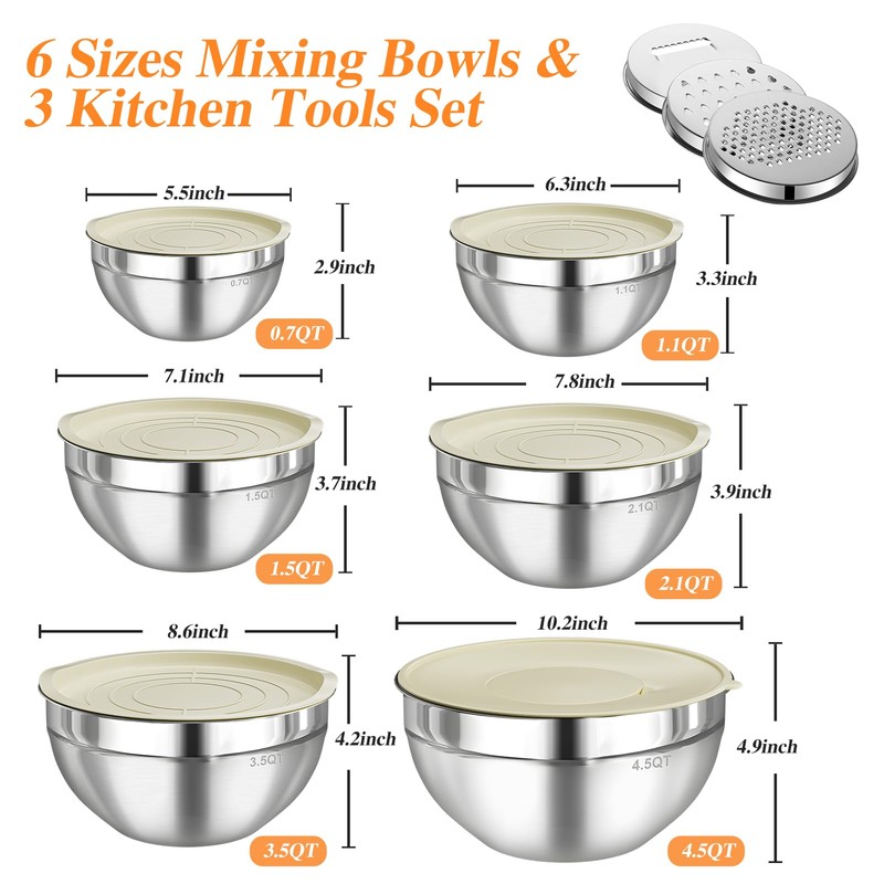 Winproper Mixing Bowls with Lids Set, 6 PCS Stainless Steel