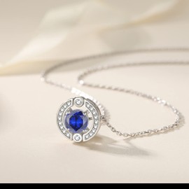 Dainty September Sapphire Birthstone Necklace, 925 Sterling Silver Round Solitaire Pendant Necklaces with Blue Cubic Zirconia, Sparkling Gemstone Crystals Jewelry, Birthday Gifts for Teen Girls Women