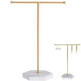 JJiaoLinin Jewellery Organiser Stand, Hanging Jewelry Organizer, Metal T-Bar Necklace Display Stand with Marble Pattern Tray,Suitable for Necklaces,Bracelets,Earrings,Rings,Watches,Etc(White+Gold)