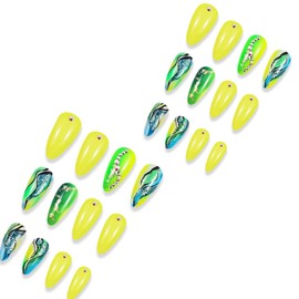 IMRAIN Press on Nails Medium Almond Fake Nails Green Yellow Acrylic False Nails with Glitter & Rhinestone Designs Glossy Glue on Nails Full Cover Artificial Bling Gel Stick on Nails for Women