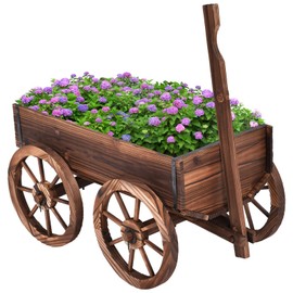 S AFSTAR Wooden Flower Planter Wagon, Rolling Pot Stand for Outdoor Garden Decor
